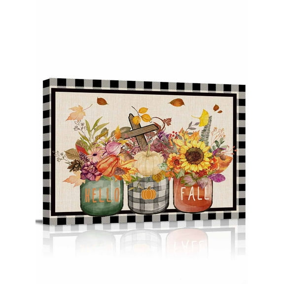 Hello Fall Canvas Print Wall Art Framed Canvas Art Wall Decor Farm Sunflower Plants Black Buffalo Plaid Pictures Painting Morden Artwork for Living Room Bedroom, Ready to Hang - 12"x16"