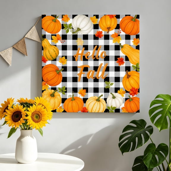 Hello Fall Canvas Wall Art for Living Room, Thanksgiving Pumpkins Maple Leaf Black White Checkered Poster Print Painting for Bedroom Office Home Decoration Wall Pictures Prepare To Hang 8"x8"