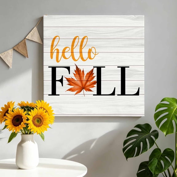 Hello Fall Canvas Wall Art for Living Room, Maple Leaf Poster Print Painting for Bedroom Office Home Decoration Wall Pictures Prepare To Hang 8"x8"