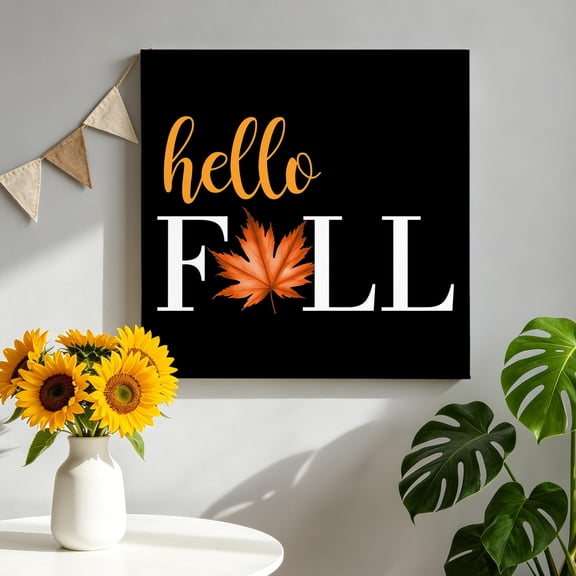 Hello Fall Canvas Wall Art for Living Room, Maple Leaf Poster Print Painting for Bedroom Office Home Decoration Wall Pictures Prepare To Hang 8"x8"