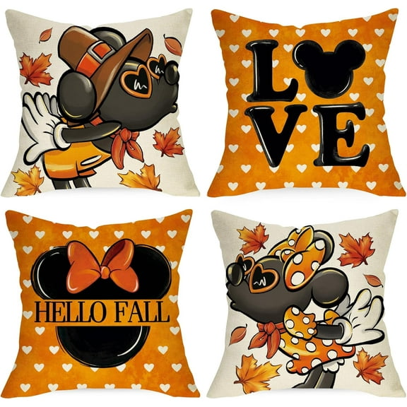 Hello Fall Cartoon Mouse Decorative Throw Pillow Covers 16 x 16 Set of 4, Orange Autumn Love Maple Leaves Cushion Case Decor, Heart Polka Dots Seasonal Home Decoration for Sofa Couch