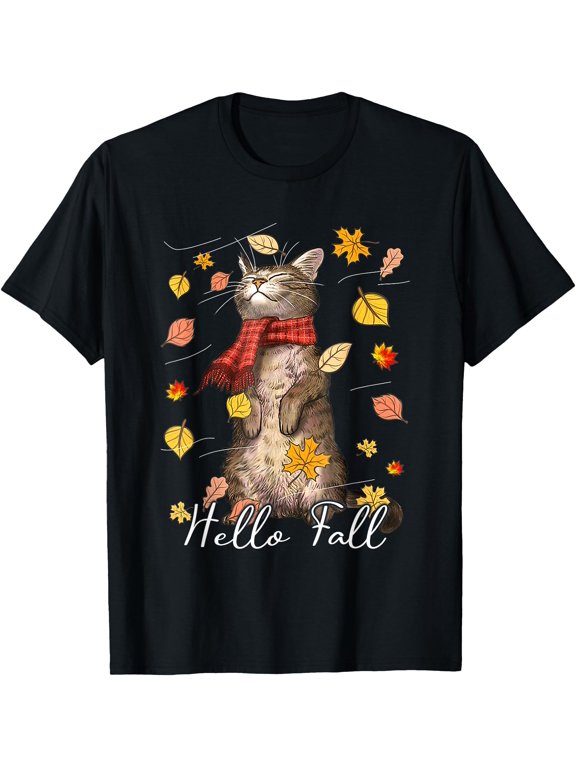 Hello Fall Cat Autumn Leaves Kitten Lover T-Shirt