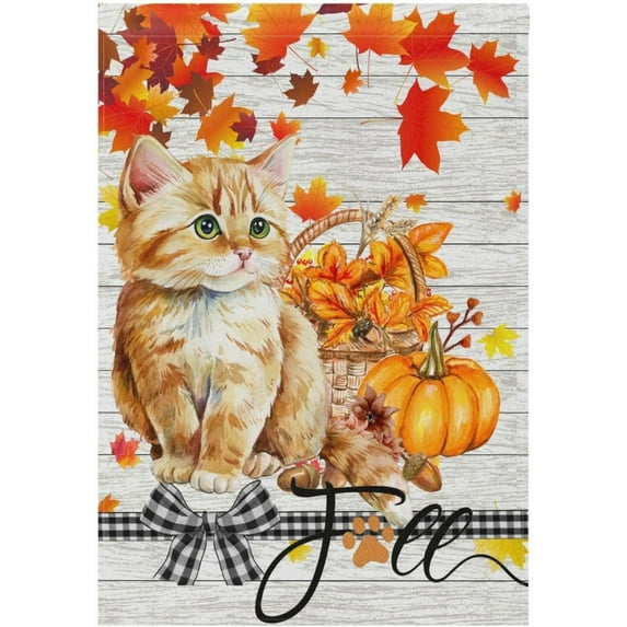 Hello Fall Cat Garden Flag Maple Leaves Pumpkin Double Sided Flags 12x18 Autumn Harvest House Flag Yard Porch Banners Buffalo Plaid Bow Home Decorations Gifts