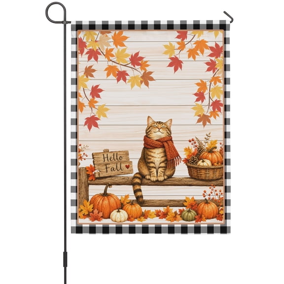 Hello Fall Cat House Flags For Outdoor, Rustic Orange Pumpkin Maple Leaf Berry Wood Grain Plaid Small Double Side Yard Flags Weather Proof House Decor for Lawn Outside Holiday 28 x 40 Inches