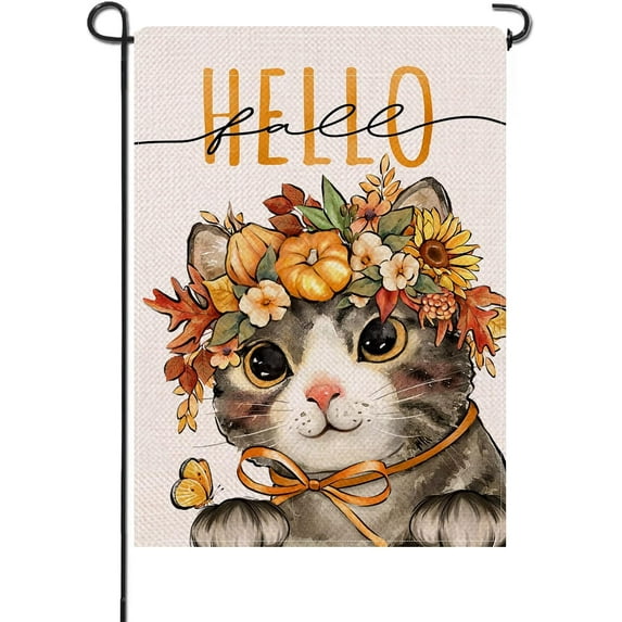 Hello Fall Cat Small Decorative Garden Flag, Autumn Kitty Kitten Yard Lawn Outside Decor, Thanksgiving Seasonal Pumpkin Leaves Flower Floral Outdoor Home Decoration Double Sided 12 x 18