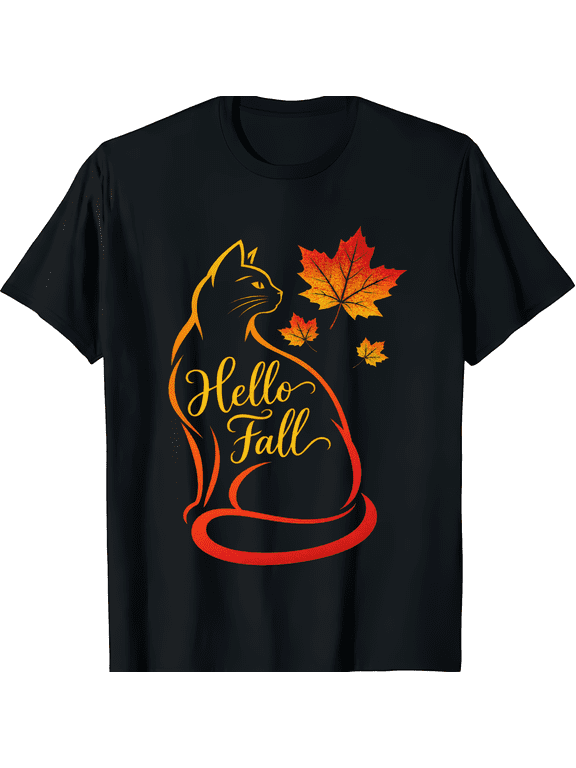 Hello Fall Cat and Autumn Maple Leaves Graphic Short Sleeve Crewneck Cotton Unisex T Shirt