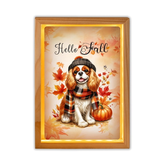 Hello Fall Cavalier King Charles Spaniel Scarf Welcome Autumn with Leaves Pumpkins Acrylic Plaque with Wood Photo Frame Box Dog Lover Gifts Light Box - 00011
