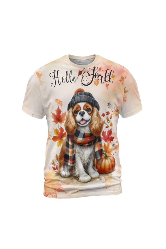 Hello Fall Cavalier King Charles Spaniel Scarf Welcome Autumn with Leaves Pumpkins All Over Print 3D Shirt Unisex Merch Dog Lover Gifts - 00011