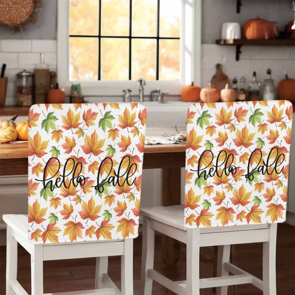 Hello Fall Chair Covers Set of 1 Fall Maple Leaf Thanksgiving Country Farm Chair Back Covers Stretch Removable Washable Slipcovers Protector for Dining Room Kitchen Party Decor
