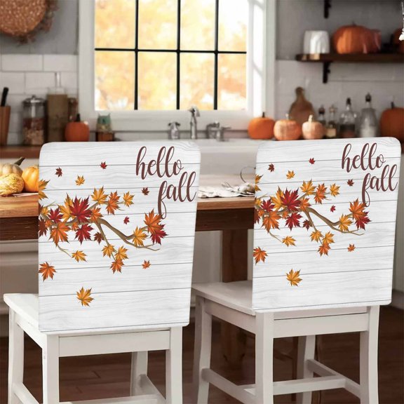 Hello Fall Chair Covers Set of 1 Maple Leaf Fallen Leaves White Wood Grain Chair Back Covers Stretch Removable Washable Slipcovers Protector for Dining Room Kitchen Party Decor