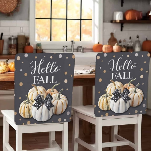 Hello Fall Chair Covers Set of 1 Thanksgiving Day Pumpkin Polka Dots Bow Chair Back Covers Stretch Removable Washable Slipcovers Protector for Dining Room Kitchen Party Decor