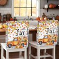 thumbnail image 1 of Hello Fall Chair Covers Set of 4 Harvest Truck Autumn Maple Leaf Pumpkin Grey Plaid Chair Back Covers Stretch Removable Washable Slipcovers Protector for Dining Room Kitchen Party Decor, 1 of 5