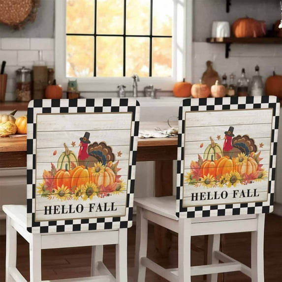 Hello Fall Chair Covers Set of 6 Thanksgiving Turkey Pumpkin Sunflower Wood Grain Chair Back Covers Stretch Removable Washable Slipcovers Protector for Dining Room Kitchen Party Decor