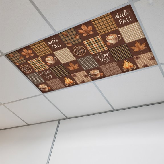 Hello Fall Checked Magnetic Fluorescent Light Covers for Ceiling Lights 2x4 Ft,Coffee Buffalo Plaid Thanksgiving Office Classroom Kitchen Drop Ceiling Light Covers Lighting Filters Shade Panel 1 Pack