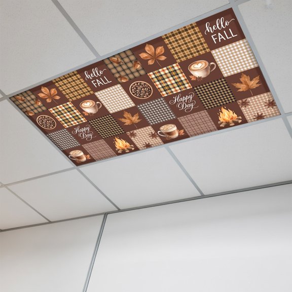 Hello Fall Checked Magnetic Fluorescent Light Covers for Ceiling Lights 2x4 Ft,Thanksgiving Coffee Buffalo Plaid Maple Office Kitchen Drop Ceiling Light Covers Lighting Filters Shade Panel 1 Pack