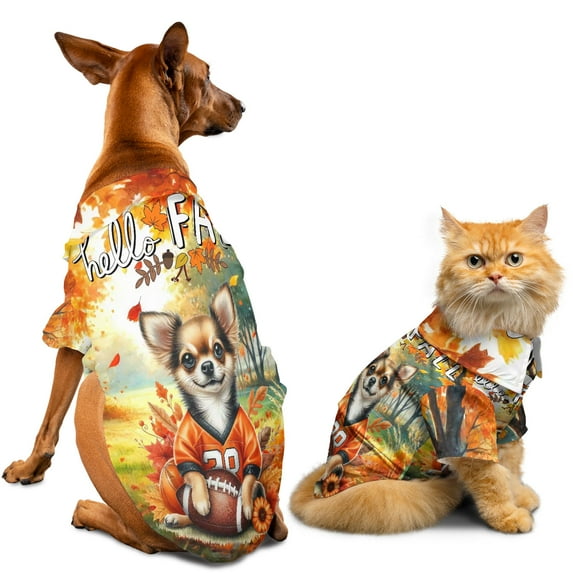 Hello Fall Chihuahua Football Welcome Autumn with Leaves Pumpkins Hawaiian Summer Shirt for Small Medium Large Dog Cat Dog Lover Gifts Idea - 00012
