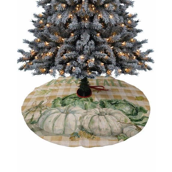 Hello Fall Christmas Tree Skirt 36 Inches Large Christmas Skirt Tree, Pumpkins Vegetable Orange Plaid Rustic Tree Skirt Christmas Decorations for Fireplace Party Holidays Indoor Outdoor