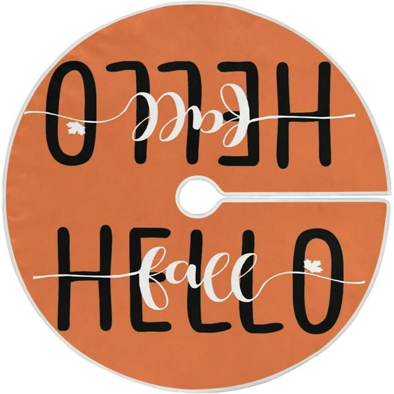 Hello Fall Christmas Tree Skirt Decorations Orange Pumpkin Autumn Decorations Xmas Tree Mat 36 inch for Holiday Party Supplies Rustic Ornaments Mini Tree Skirt