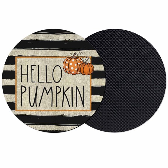 Hello Fall Coasters Set of 2, Absorbent Coasters for Drinks, Thanksgiving Orange Pumpkin Black Stripe Coaster for Desk Coffee Table Protection, Home Decor House Warming Gifts 4"