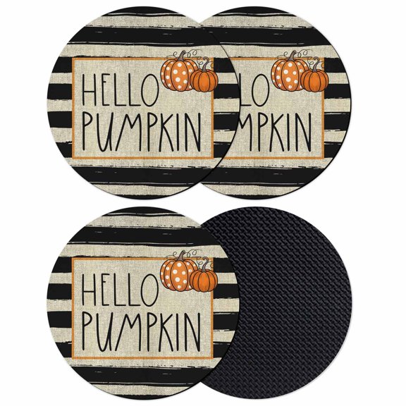 Hello Fall Coasters Set of 4, Absorbent Coasters for Drinks, Thanksgiving Orange Pumpkin Black Stripe Coaster for Desk Coffee Table Protection, Home Decor House Warming Gifts 4"