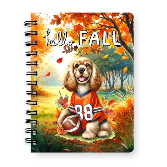 Hello Fall Cocker Spaniel Football Welcome Autumn with Leaves Pumpkins Spiral Bound Journal Cockers Dog Lover Gifts 5x7in Spiral Notebook - 00012