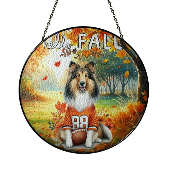 Hello Fall Collie Football Welcome Autumn with Leaves Pumpkins Stained Glass Suncatcher Collie Dog Lover Gifts Idea Window Hanging Sign Decor - 00012