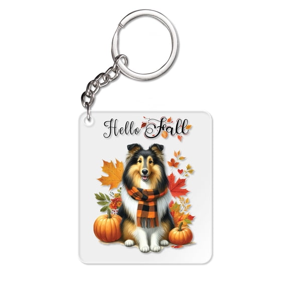 Hello Fall Collie Scarf Welcome Autumn with Leaves Pumpkins Acrylic Keychain Collie Dog Lover Gifts Idea Collar Charm Tag Keyring - 00011