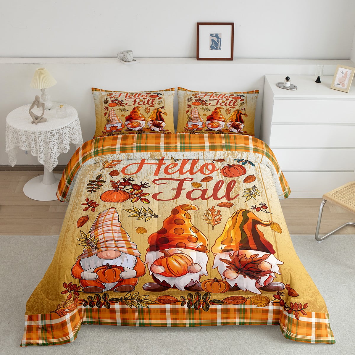 Hello Fall Comforter Set Thanksgiving Day Gifts Bedding for Girls Women Autumn Harvest Bedding ...