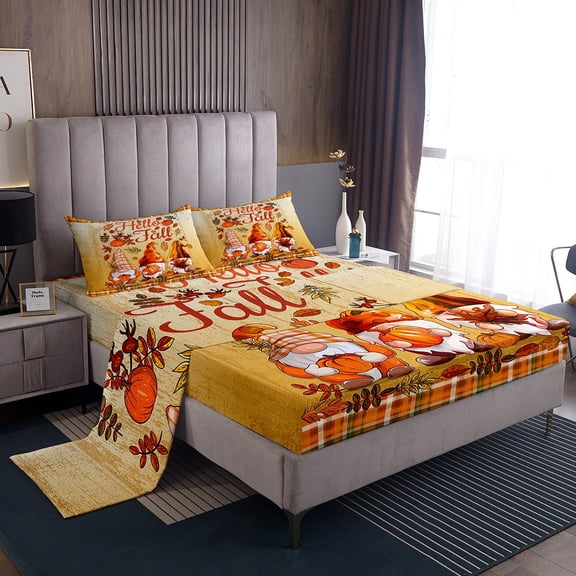 Hello Fall Comforter Set Thanksgiving Day Gifts Sheet Set for Girls Women Autumn Harvest Fitted Sheet Farm Maple Leaf Pumpkin Fall Season Flat Sheet Happy Fall Y'All Themed Sheets King Size
