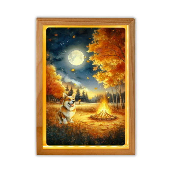 Hello Fall Corgi Enjoys Warm Campfire Autumn Night Bright Moon Acrylic Plaque with Wood Photo Frame Box Welsh Corgi Dog Lover Gifts Idea Light Box - 01008