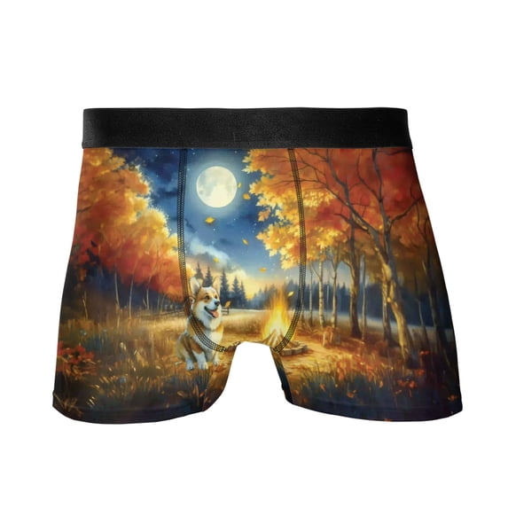 Hello Fall Corgi Enjoys Warm Campfire Autumn Night Bright Moon All Over Print Boxer Briefs Underwear for Men Dad Welsh Corgi Dog Lover Gifts Idea - 01008