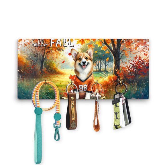 Hello Fall Corgi Football Welcome Autumn with Leaves Pumpkins Wood Key Holder Welsh Corgi Dog Lover Gifts Idea Wall-mounted Key Rack Home Decor - 00012