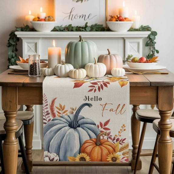 Hello Fall Cotton Linen Table Runner, Washable Table Runners for Kitchen, Dining Room, Holiday, Home Party Table Decor, 13x108 Inches