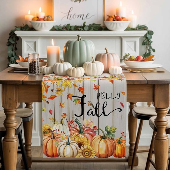 Hello Fall Cotton Linen Table Runner, Washable Table Runners for Kitchen, Dining Room, Holiday, Home Party Table Decor, 13x120 Inches