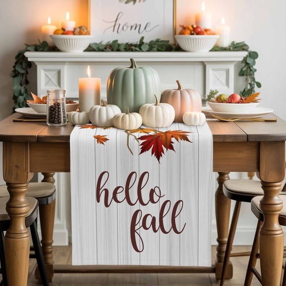 Hello Fall Cotton Linen Table Runner, Washable Table Runners for Kitchen, Dining Room, Holiday, Home Party Table Decor, 13x36 Inches