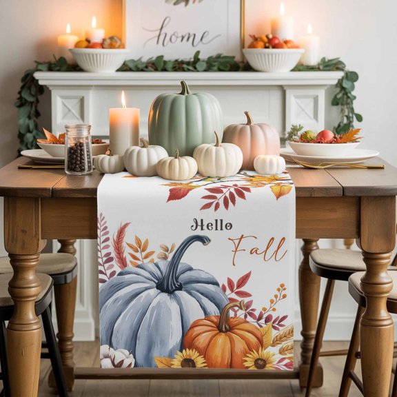 Hello Fall Cotton Linen Table Runner, Washable Table Runners for Kitchen, Dining Room, Holiday, Home Party Table Decor, 13x36 Inches