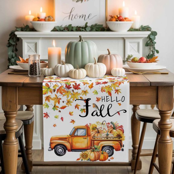 Hello Fall Cotton Linen Table Runner, Washable Table Runners for Kitchen, Dining Room, Holiday, Home Party Table Decor, 13x36 Inches