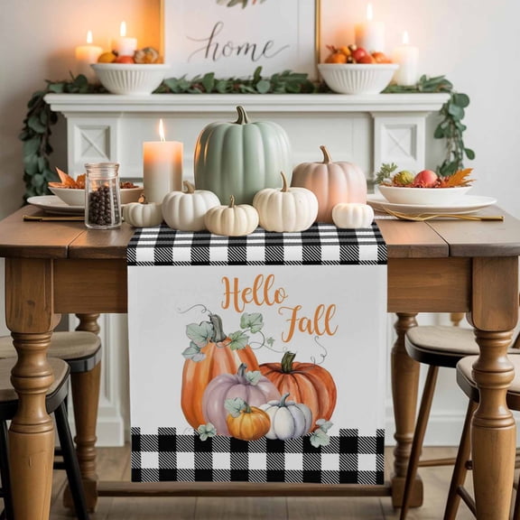 Hello Fall Cotton Linen Table Runner, Washable Table Runners for Kitchen, Dining Room, Holiday, Home Party Table Decor, 13x36 Inches