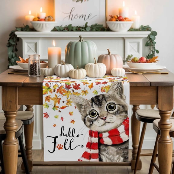 Hello Fall Cotton Linen Table Runner, Washable Table Runners for Kitchen, Dining Room, Holiday, Home Party Table Decor, 13x36 Inches