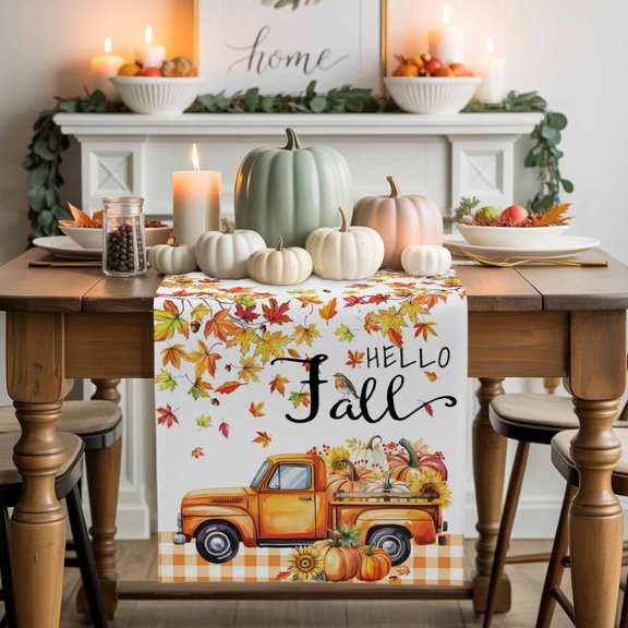 Hello Fall Cotton Linen Table Runner, Washable Table Runners for Kitchen, Dining Room, Holiday, Home Party Table Decor, 13x36 Inches