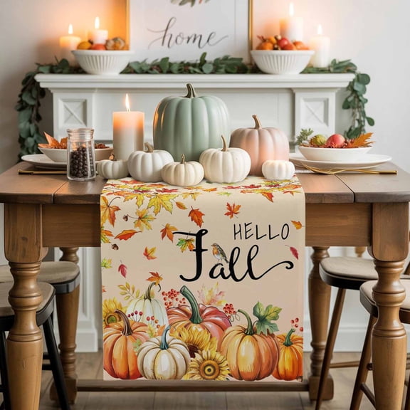 Hello Fall Cotton Linen Table Runner, Washable Table Runners for Kitchen, Dining Room, Holiday, Home Party Table Decor, 13x36 Inches