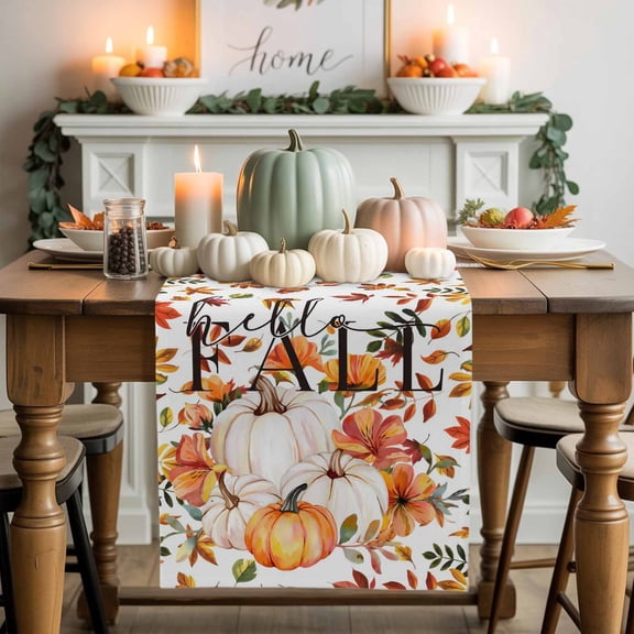 Hello Fall Cotton Linen Table Runner, Washable Table Runners for Kitchen, Dining Room, Holiday, Home Party Table Decor, 13x36 Inches