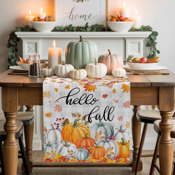 Hello Fall Cotton Linen Table Runner, Washable Table Runners for Kitchen, Dining Room, Holiday, Home Party Table Decor, 13x36 Inches