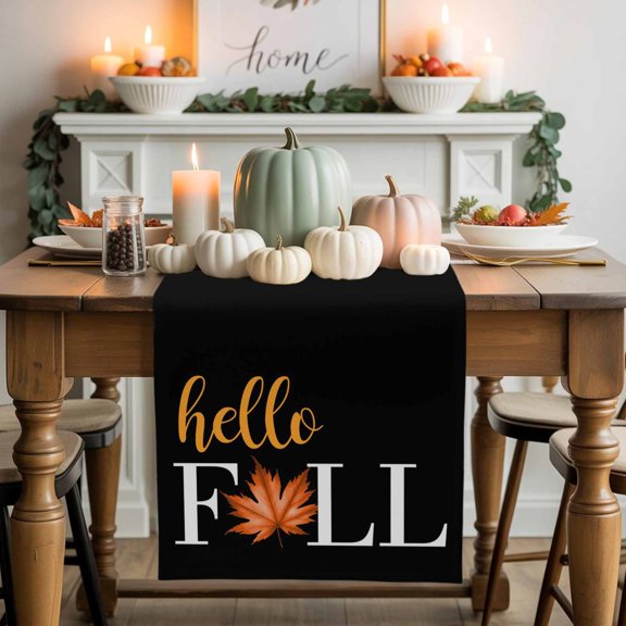 Hello Fall Cotton Linen Table Runner, Washable Table Runners for Kitchen, Dining Room, Holiday, Home Party Table Decor, 13x36 Inches