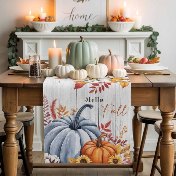 Hello Fall Cotton Linen Table Runner, Washable Table Runners for Kitchen, Dining Room, Holiday, Home Party Table Decor, 13x36 Inches