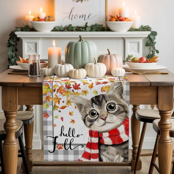 Hello Fall Cotton Linen Table Runner, Washable Table Runners for Kitchen, Dining Room, Holiday, Home Party Table Decor, 13x36 Inches