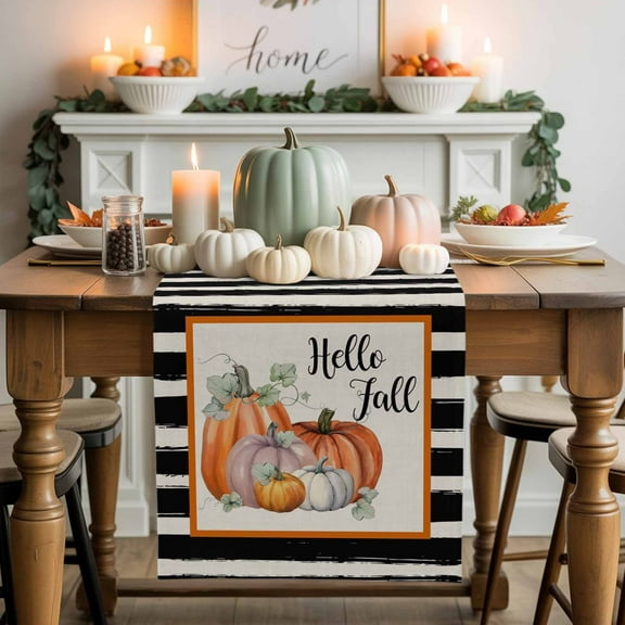 Hello Fall Cotton Linen Table Runner, Washable Table Runners for Kitchen, Dining Room, Holiday, Home Party Table Decor, 13x36 Inches
