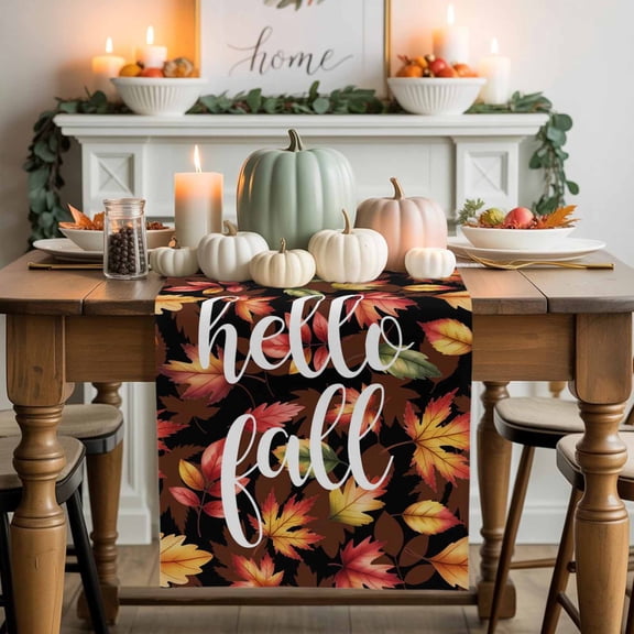 Hello Fall Cotton Linen Table Runner, Washable Table Runners for Kitchen, Dining Room, Holiday, Home Party Table Decor, 13x36 Inches