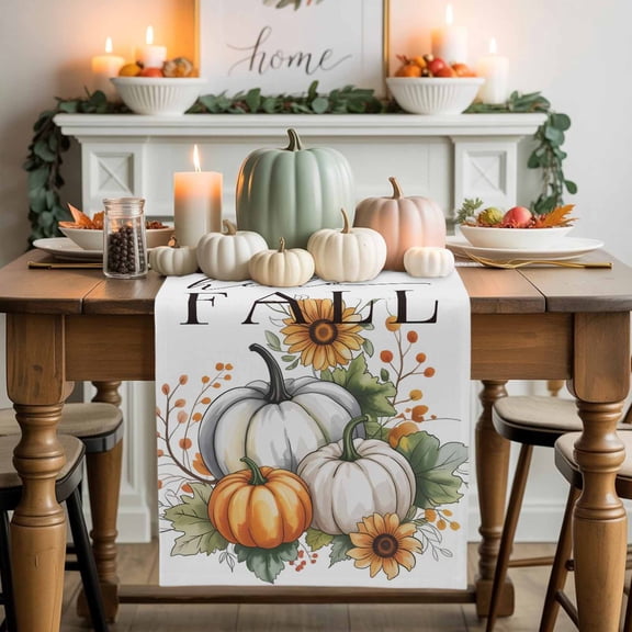 Hello Fall Cotton Linen Table Runner, Washable Table Runners for Kitchen, Dining Room, Holiday, Home Party Table Decor, 13x36 Inches