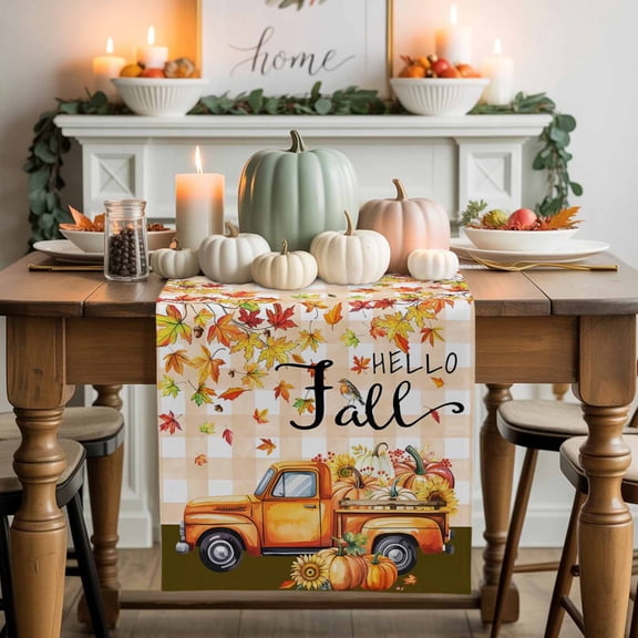 Hello Fall Cotton Linen Table Runner, Washable Table Runners for Kitchen, Dining Room, Holiday, Home Party Table Decor, 13x36 Inches